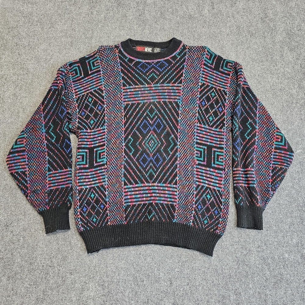 VTG Todays News Acrylic Knit LITE BRITE CrewNeck Grandpa Sweater Mens Geometric